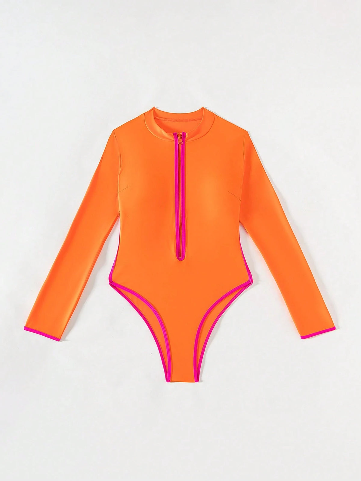 Swim SPRTY Springbreak Women's One-Piece Swimsuit, Long Sleeve Zip-Up Rash Guard, Orange Jumpsuit Beach Resort Swimwear, Surfing Suit For Summer Beach Vacation