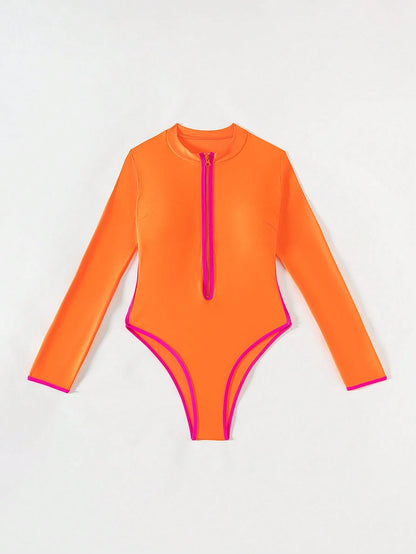 Swim SPRTY Springbreak Women's One-Piece Swimsuit, Long Sleeve Zip-Up Rash Guard, Orange Jumpsuit Beach Resort Swimwear, Surfing Suit For Summer Beach Vacation