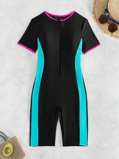 Swim SPRTY Women's Surfing Suit, One-Piece Swimsuit, Wireless, Color Block Style, Women's Sports Surfing Suit Summer