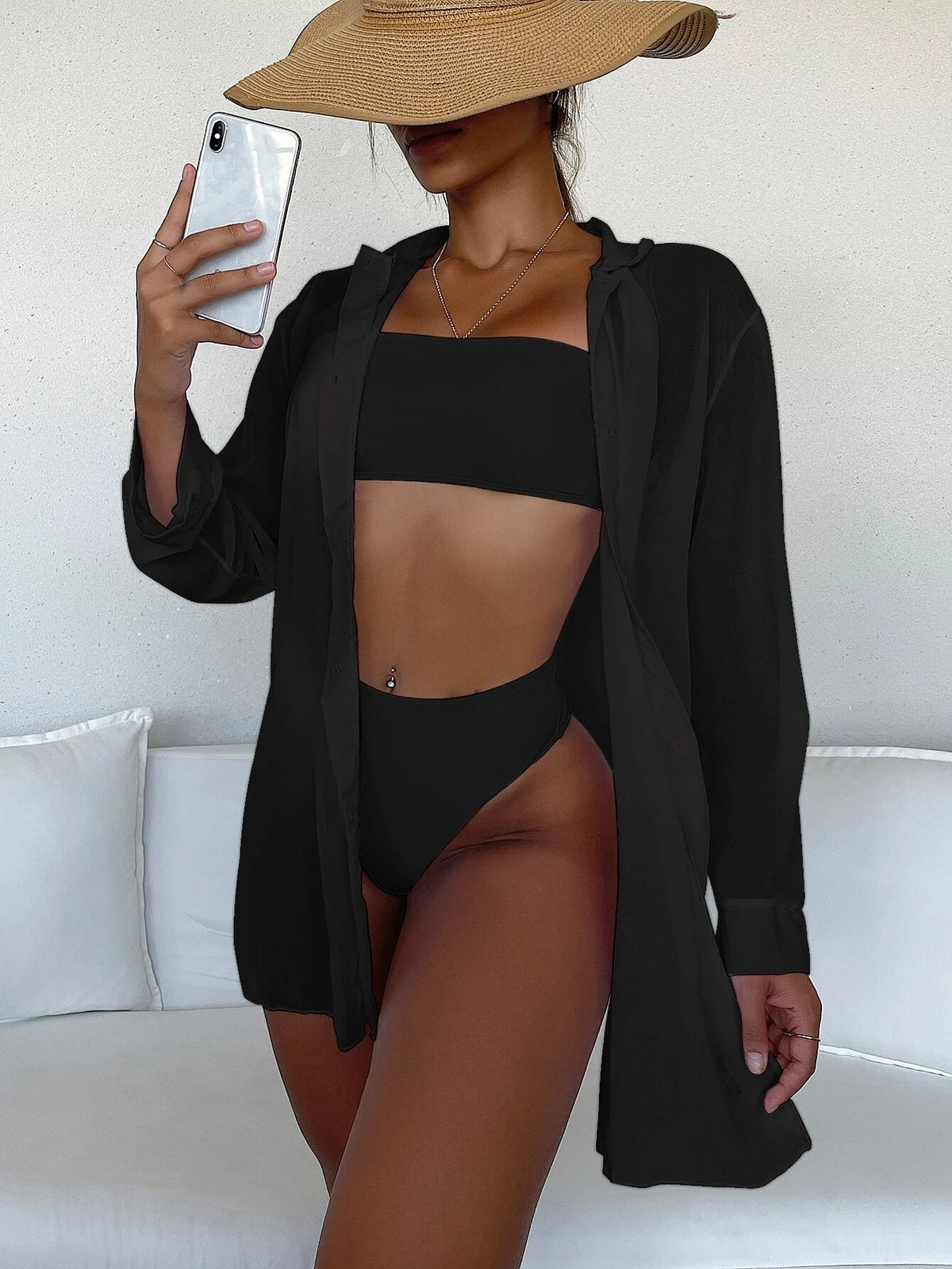 Swim Summer Beach Casual Long-Sleeved Blouse For Women Solid Color Beach Vacation Open-Collar Kimono