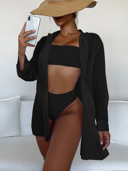Swim Summer Beach Casual Long-Sleeved Blouse For Women Solid Color Beach Vacation Open-Collar Kimono
