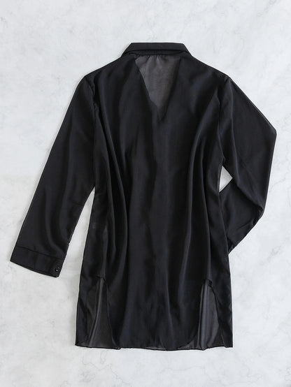 Swim Summer Beach Casual Long-Sleeved Blouse For Women Solid Color Beach Vacation Open-Collar Kimono