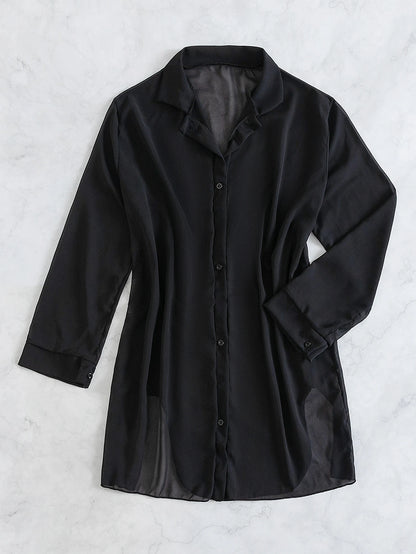 Swim Summer Beach Casual Long-Sleeved Blouse For Women Solid Color Beach Vacation Open-Collar Kimono