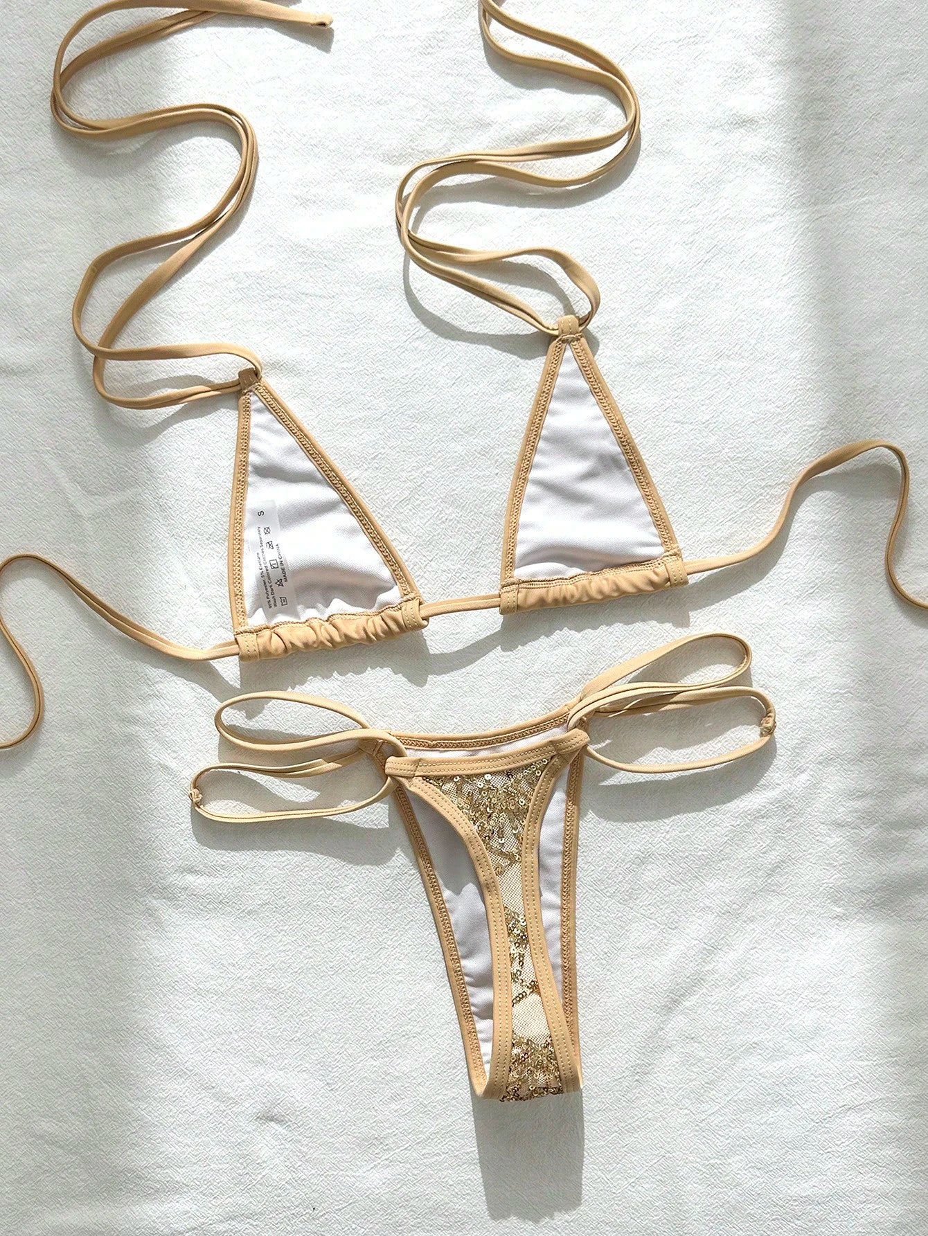Swim SXY 2-Piece Bikini Set, Spring/Summer Beach Vacation, Sequin Textured Fabric, Halter Triangle Top And Side Double-String Thong Bottom, Sexy Women's Swimwear