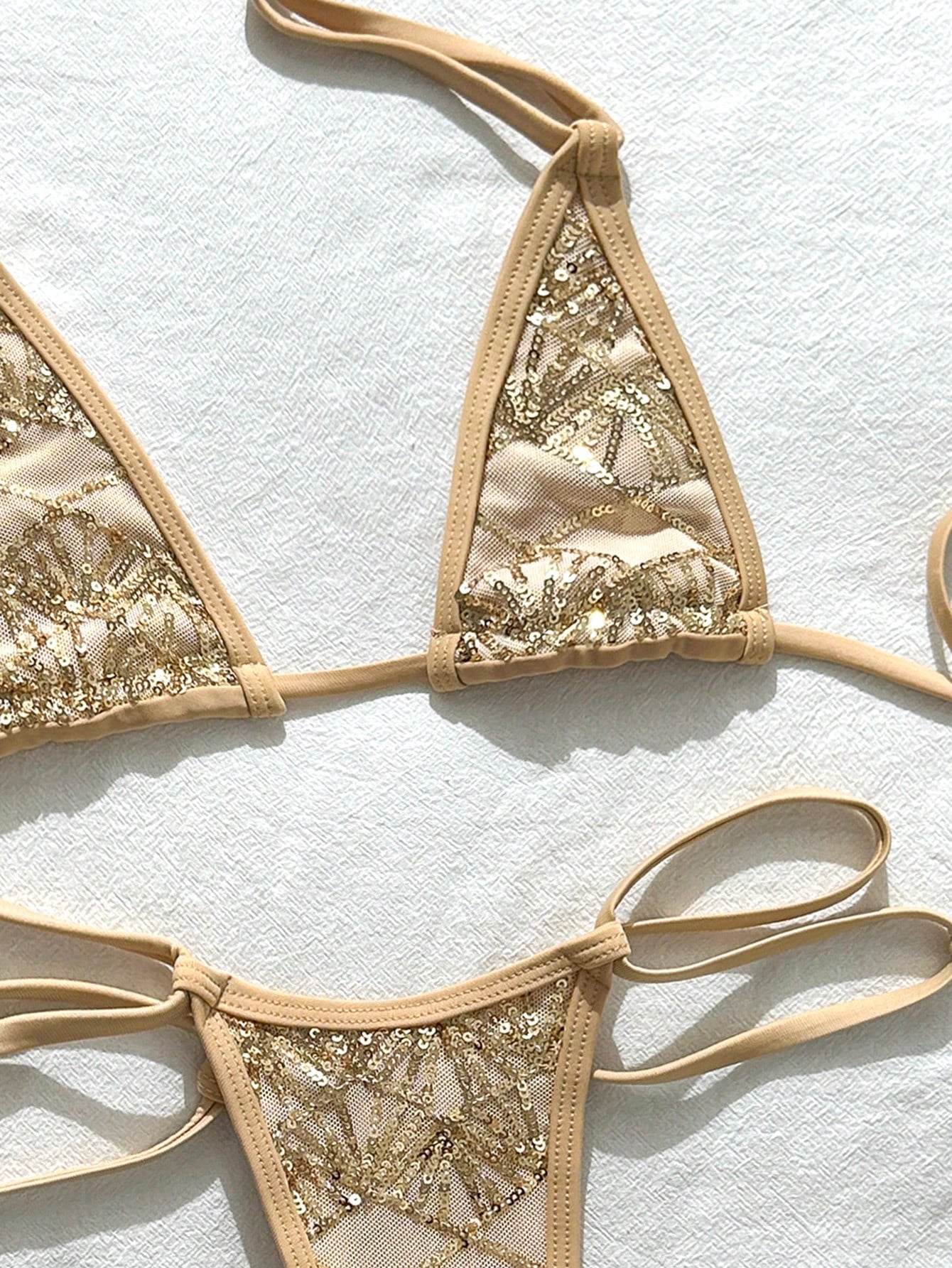 Swim SXY 2-Piece Bikini Set, Spring/Summer Beach Vacation, Sequin Textured Fabric, Halter Triangle Top And Side Double-String Thong Bottom, Sexy Women's Swimwear