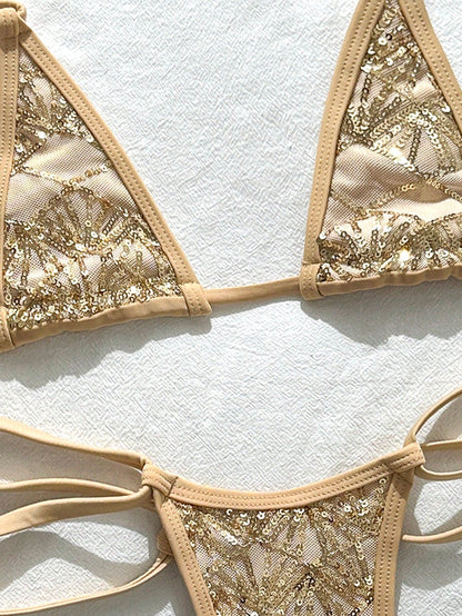 Swim SXY 2-Piece Bikini Set, Spring/Summer Beach Vacation, Sequin Textured Fabric, Halter Triangle Top And Side Double-String Thong Bottom, Sexy Women's Swimwear