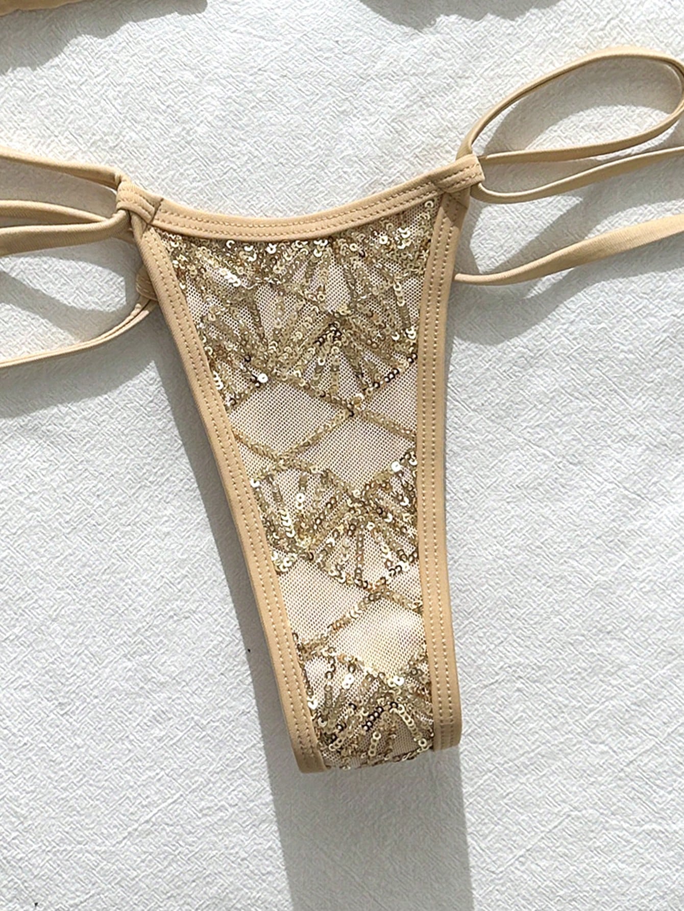 Swim SXY 2-Piece Bikini Set, Spring/Summer Beach Vacation, Sequin Textured Fabric, Halter Triangle Top And Side Double-String Thong Bottom, Sexy Women's Swimwear