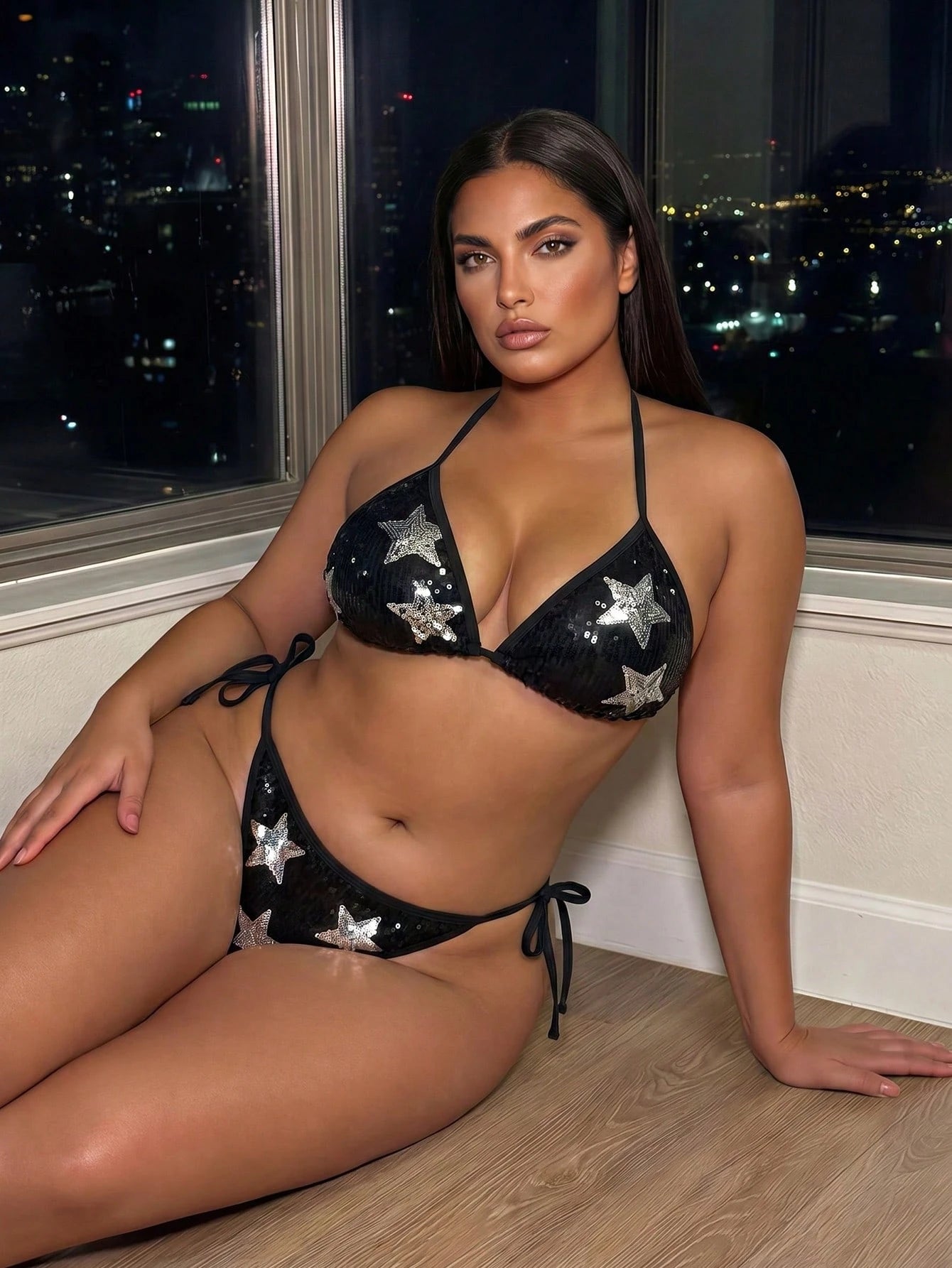 Swim SXY 2026 New Sequin Pentagram Pattern Halter Bikini Top For Women,Black Summer Beach Night Out Club Rave Party Vacation Picnic Swimwear