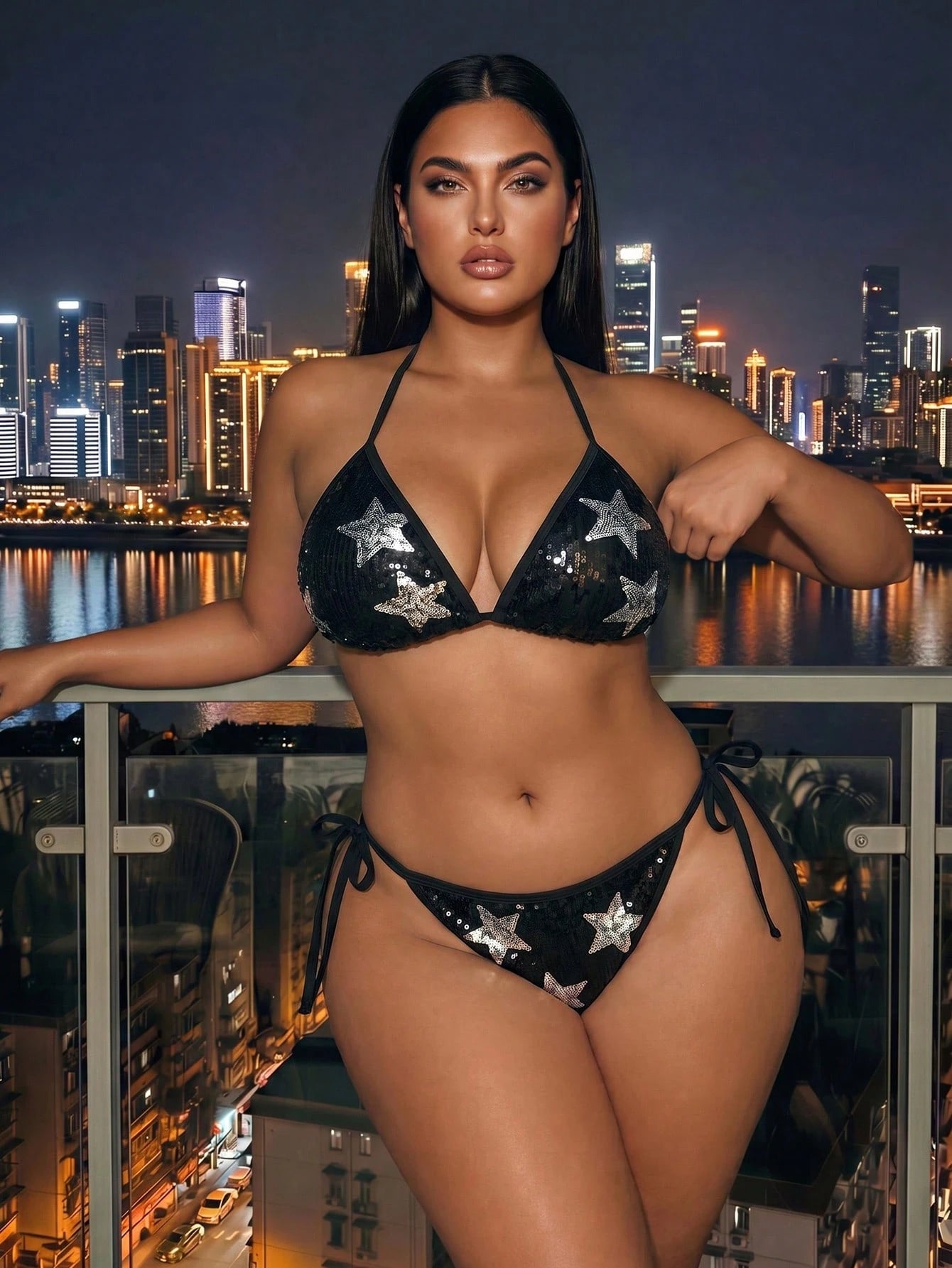 Swim SXY 2026 New Sequin Pentagram Pattern Halter Bikini Top For Women,Black Summer Beach Night Out Club Rave Party Vacation Picnic Swimwear