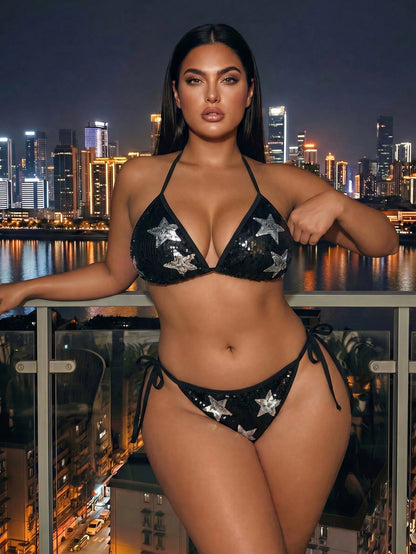 Swim SXY 2026 New Sequin Pentagram Pattern Halter Bikini Top For Women,Black Summer Beach Night Out Club Rave Party Vacation Picnic Swimwear