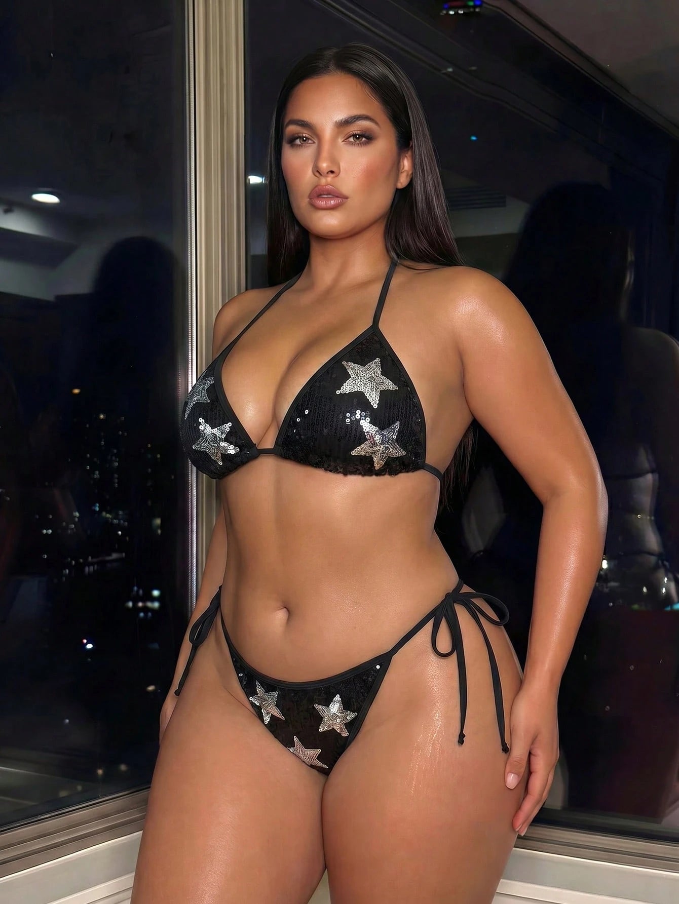 Swim SXY 2026 New Sequin Pentagram Pattern Halter Bikini Top For Women,Black Summer Beach Night Out Club Rave Party Vacation Picnic Swimwear