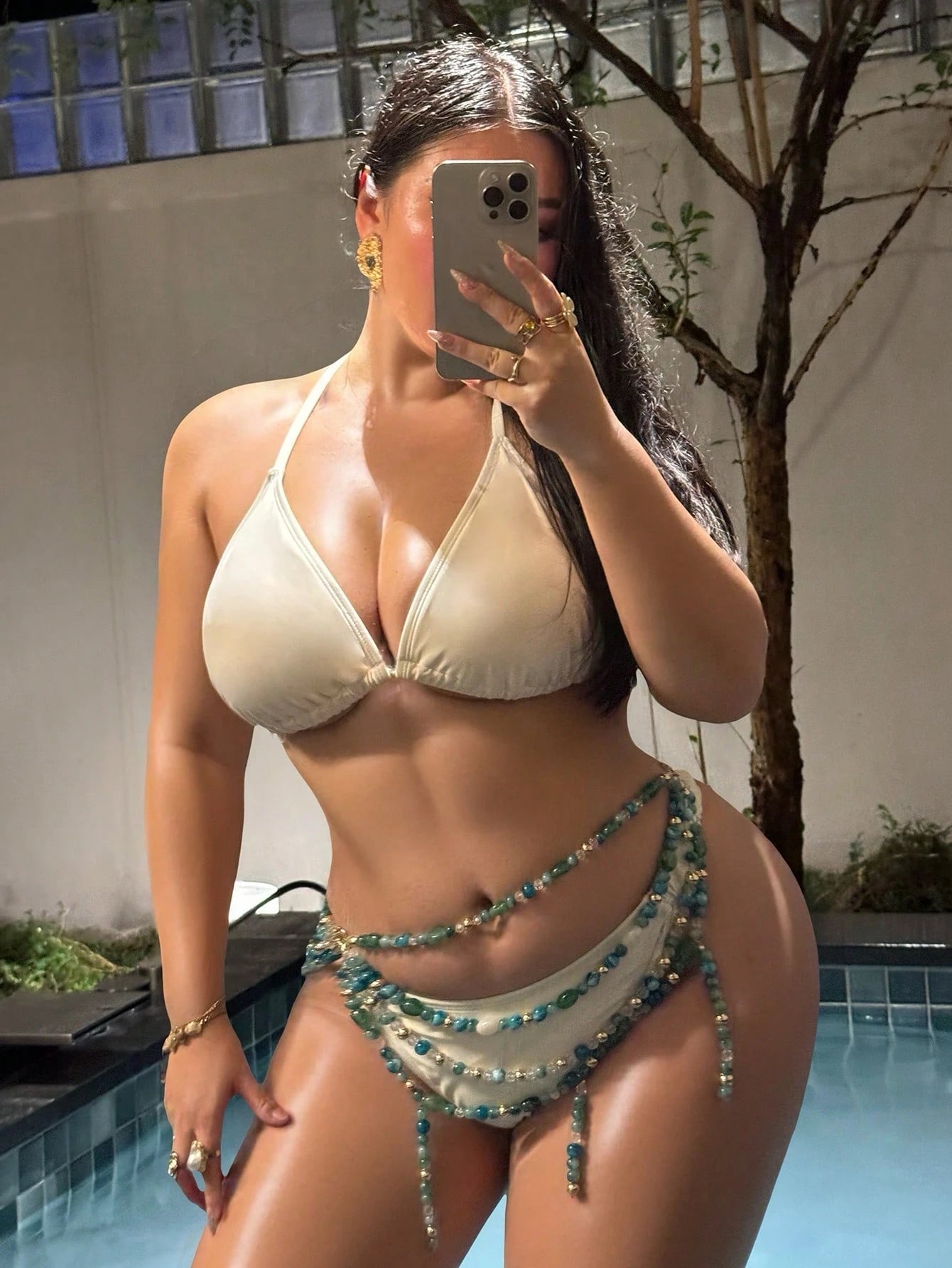 Swim SXY 2026 New Spring And Summer Women's Plus-Size Underwear Bikini With Green Sexy Body Chain, Pearl And Metal Chain Beach Vacation Party Festival Accessories, Lingerie