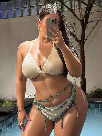 Swim SXY 2026 New Spring And Summer Women's Plus-Size Underwear Bikini With Green Sexy Body Chain, Pearl And Metal Chain Beach Vacation Party Festival Accessories, Lingerie