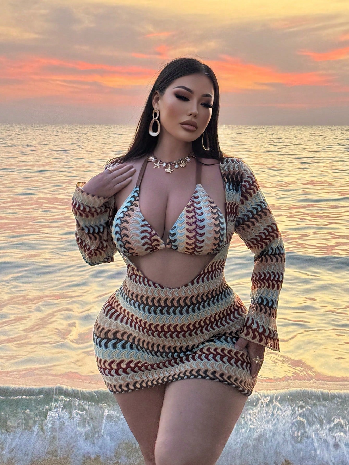 Swim SXY Beige,Summer,Boho,Beach,Holiday Women's 3 Pieces Swimwear Set,Colorful Hollow Striped Cover-Up,Triangle Bikini Set,Plus Size Vacation Swimsuit