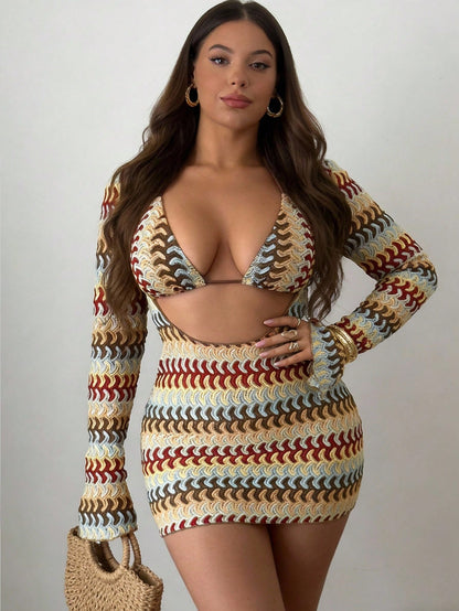 Swim SXY Beige,Summer,Boho,Beach,Holiday Women's 3 Pieces Swimwear Set,Colorful Hollow Striped Cover-Up,Triangle Bikini Set,Plus Size Vacation Swimsuit