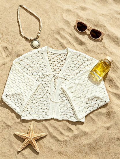 Swim SXY Cardigan Kimono Féminin à Manches Longues Tricot Blanc Col En V Et Ceinture,Boho Crochet White Summer Holiday Pool Party Holiday,Haut De Plage élégant