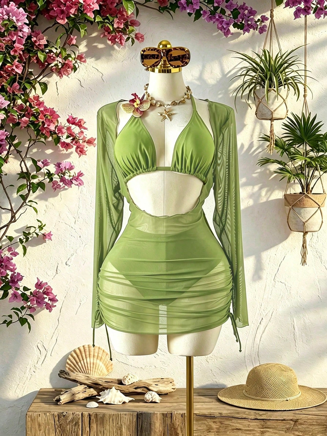 Swim SXY Plus Size 3 PiecesFloral Accent Solid Color Sexy Women Swimwear Set
