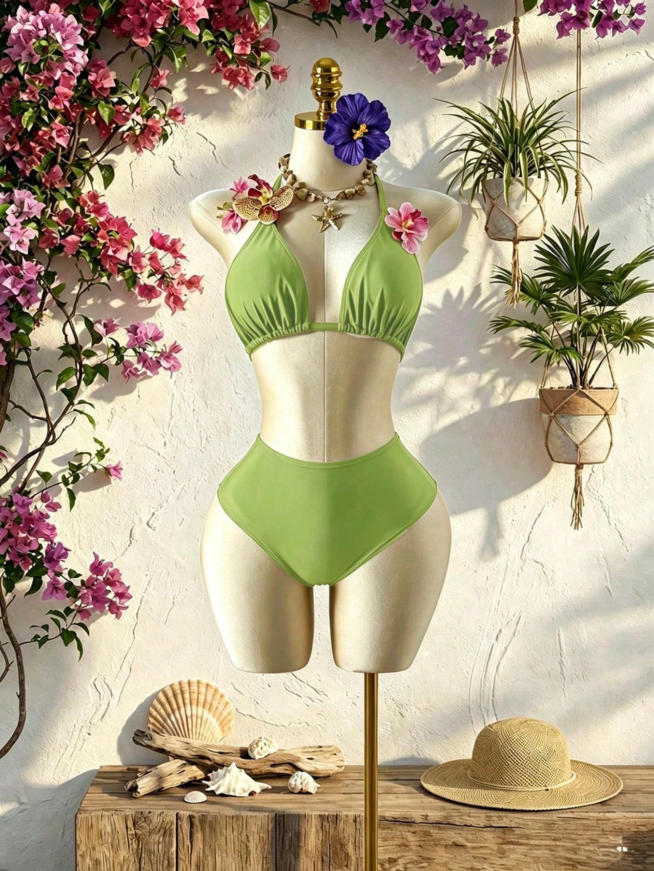 Swim SXY Plus Size 3 PiecesFloral Accent Solid Color Sexy Women Swimwear Set