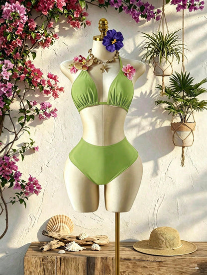 Swim SXY Plus Size 3 PiecesFloral Accent Solid Color Sexy Women Swimwear Set