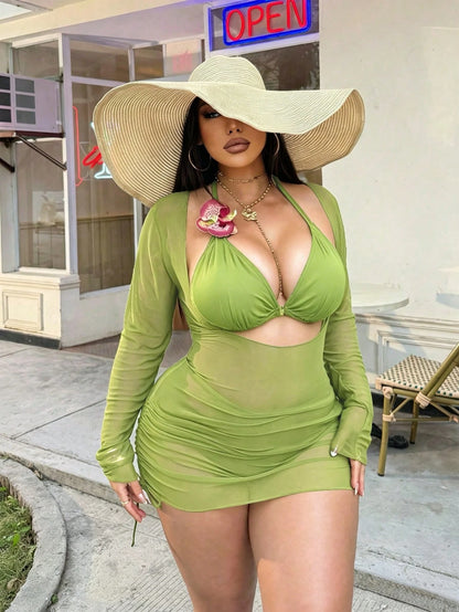 Swim SXY Plus Size 3 PiecesFloral Accent Solid Color Sexy Women Swimwear Set