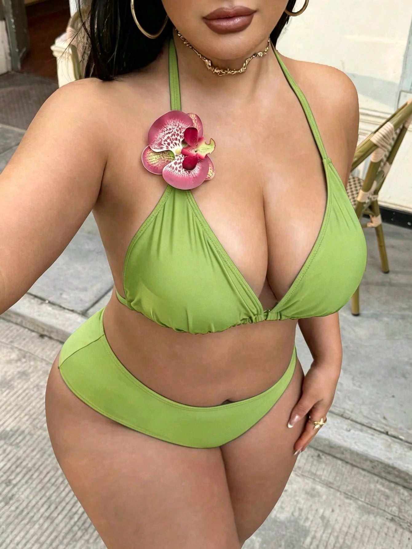 Swim SXY Plus Size 3 PiecesFloral Accent Solid Color Sexy Women Swimwear Set