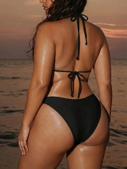 Swim SXY Plus Size Bikini Top With Eyelets, Triangle Cup, Adjustable Tie Back, Suitable For Beach Vacation