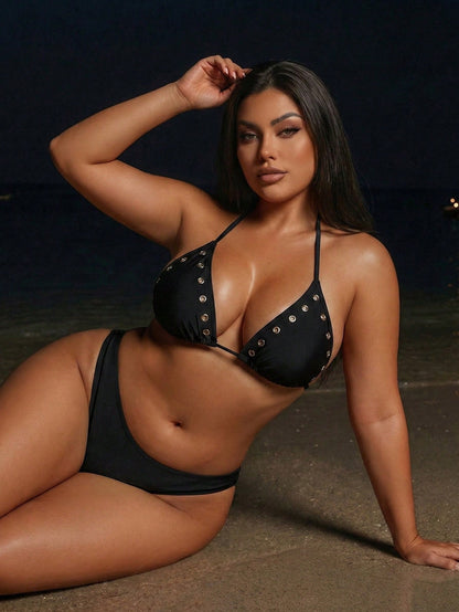 Swim SXY Plus Size Bikini Top With Eyelets, Triangle Cup, Adjustable Tie Back, Suitable For Beach Vacation