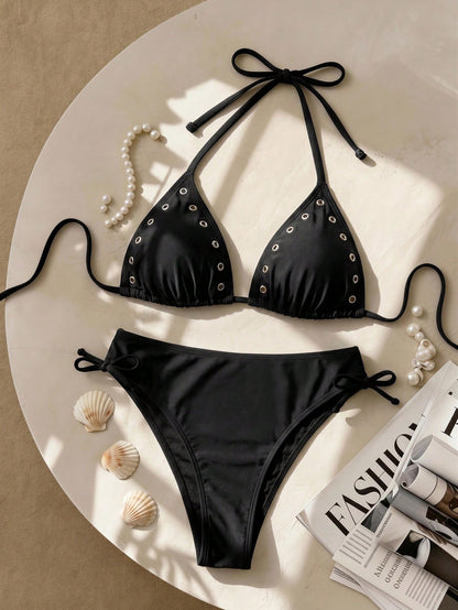 Swim SXY Plus Size Bikini Top With Eyelets, Triangle Cup, Adjustable Tie Back, Suitable For Beach Vacation
