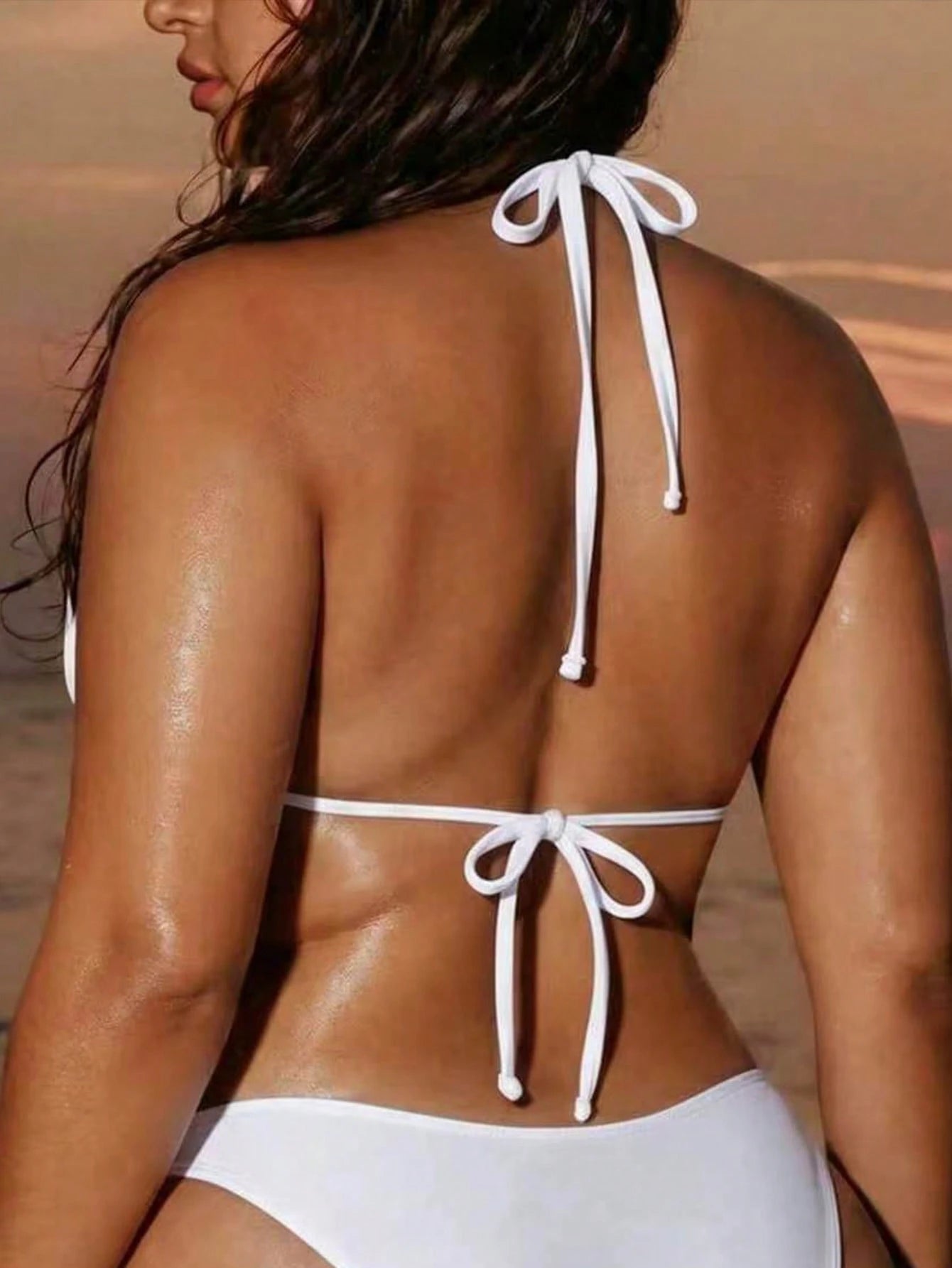 Swim SXY Plus Size Bikini Top With Eyelets, Triangle Cup, Adjustable Tie Back, Suitable For Beach Vacation