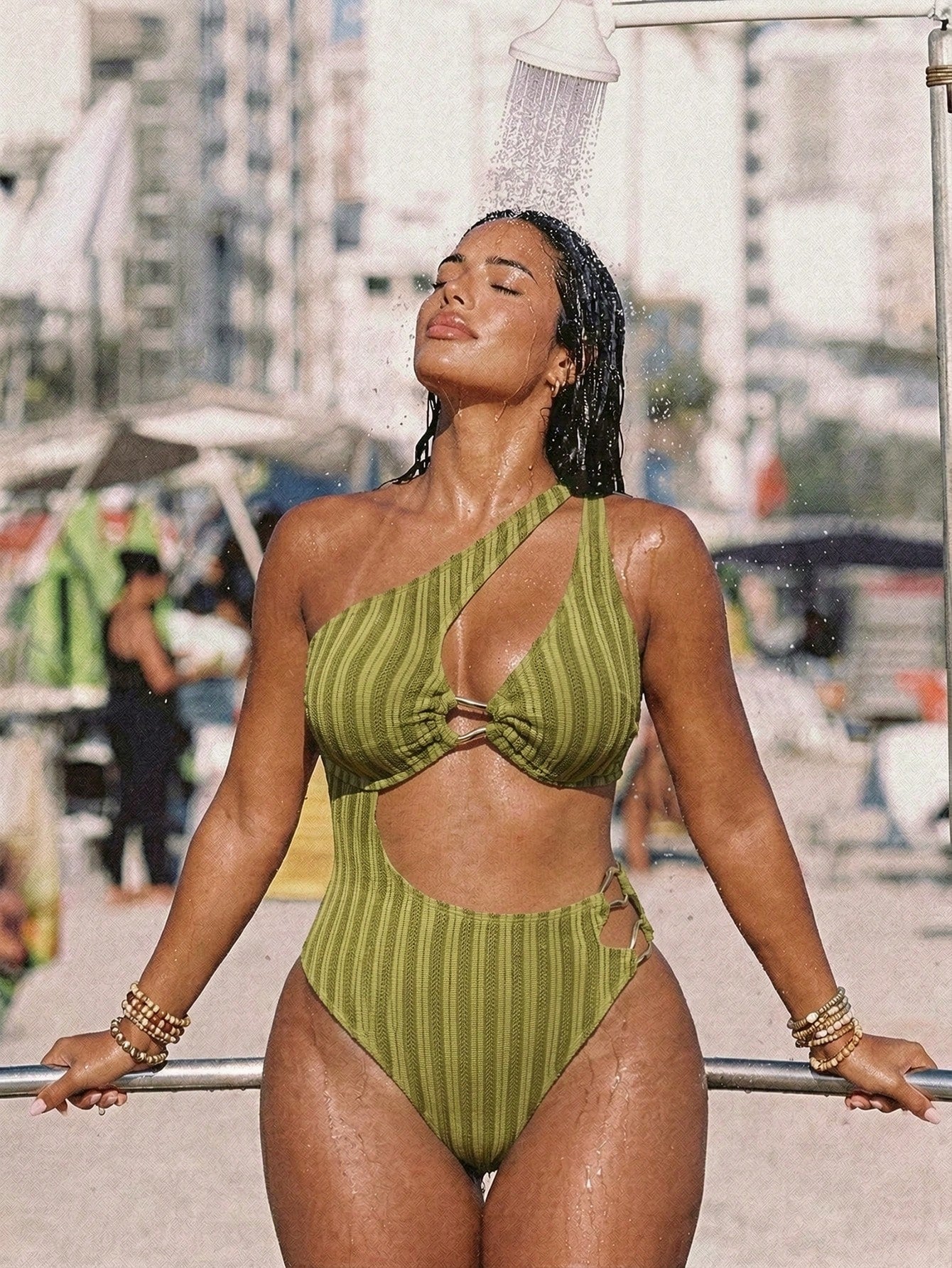 Swim SXY Plus Size Women Olive Green Hollow Metal Buckle Halter One-Piece Swimsuit,Summer Beach Vacation Holiday Outfit,Elegant Ladies Avocado Green Party Swimwear