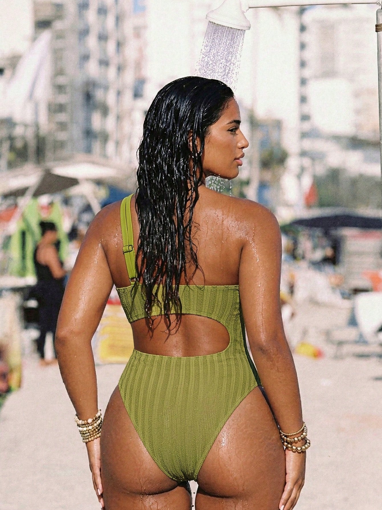 Swim SXY Plus Size Women Olive Green Hollow Metal Buckle Halter One-Piece Swimsuit,Summer Beach Vacation Holiday Outfit,Elegant Ladies Avocado Green Party Swimwear