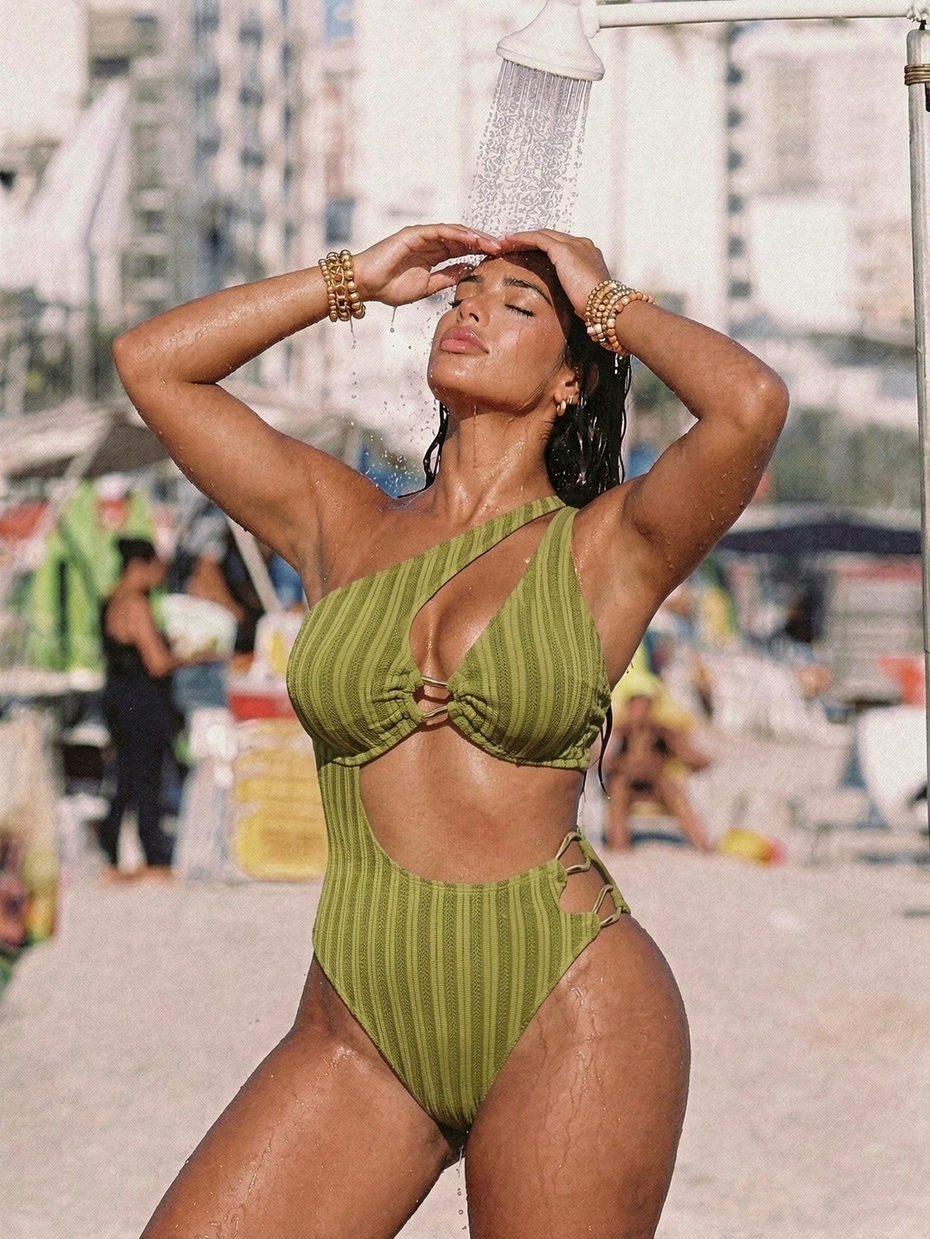 Swim SXY Plus Size Women Olive Green Hollow Metal Buckle Halter One-Piece Swimsuit,Summer Beach Vacation Holiday Outfit,Elegant Ladies Avocado Green Party Swimwear