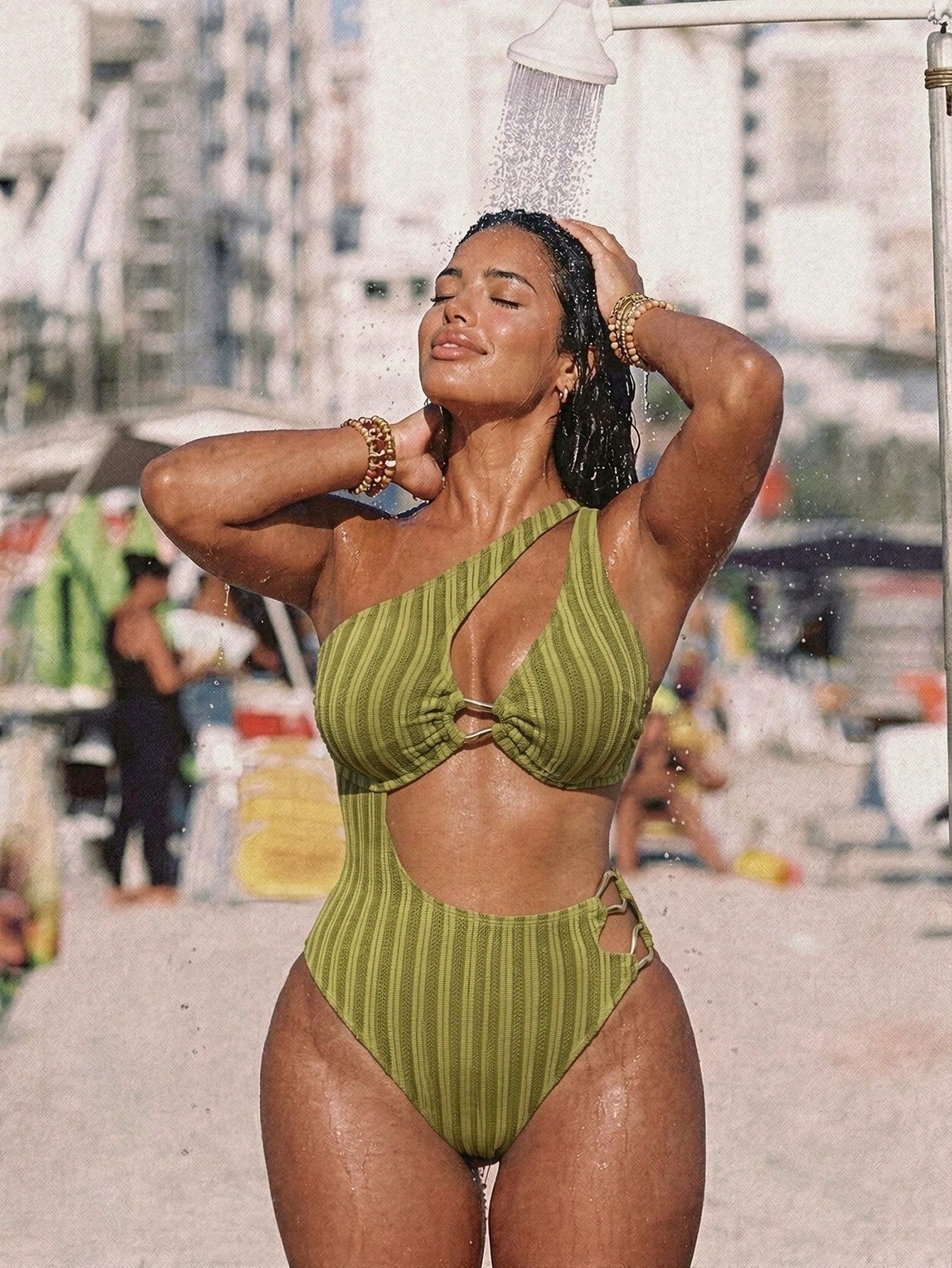 Swim SXY Plus Size Women Olive Green Hollow Metal Buckle Halter One-Piece Swimsuit,Summer Beach Vacation Holiday Outfit,Elegant Ladies Avocado Green Party Swimwear
