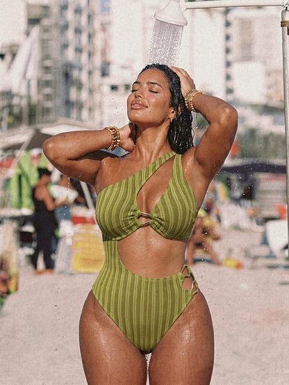 Swim SXY Plus Size Women Olive Green Hollow Metal Buckle Halter One-Piece Swimsuit,Summer Beach Vacation Holiday Outfit,Elegant Ladies Avocado Green Party Swimwear