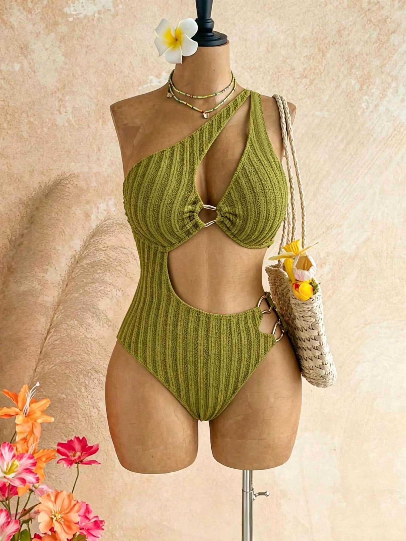 Swim SXY Plus Size Women Olive Green Hollow Metal Buckle Halter One-Piece Swimsuit,Summer Beach Vacation Holiday Outfit,Elegant Ladies Avocado Green Party Swimwear