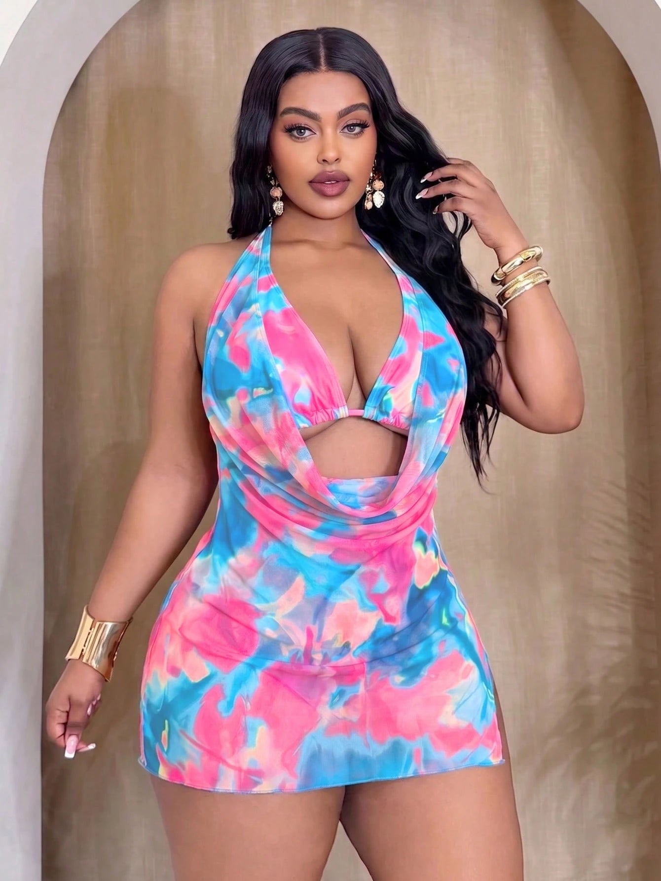 Swim SXY Plus Size Women's Baby Blue Ombre Halter Bikini Set Set With Loose Cover-Up Dress Vacation Summer