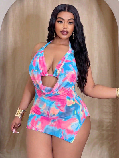 Swim SXY Plus Size Women's Baby Blue Ombre Halter Bikini Set Set With Loose Cover-Up Dress Vacation Summer
