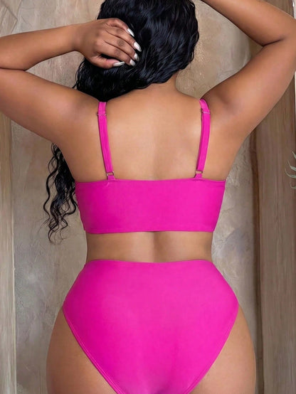 Swim SXY Plus Size Women's Bikini Set,Cerise Pink,Bustier Top With Metal Seashell Decor,Adjustable Wide Shoulder Straps,Summer Beach Vacation Holiday