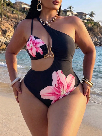 Swim SXY Plus Size Women's One-Piece Swimsuit, Zebra Print, One Shoulder Asymmetric Design, Cut-Out Waist With Gold Asymmetrical Metal Buckle Decor Summer Sexy