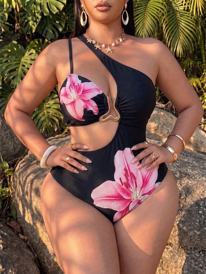Swim SXY Plus Size Women's One-Piece Swimsuit, Zebra Print, One Shoulder Asymmetric Design, Cut-Out Waist With Gold Asymmetrical Metal Buckle Decor Summer Sexy