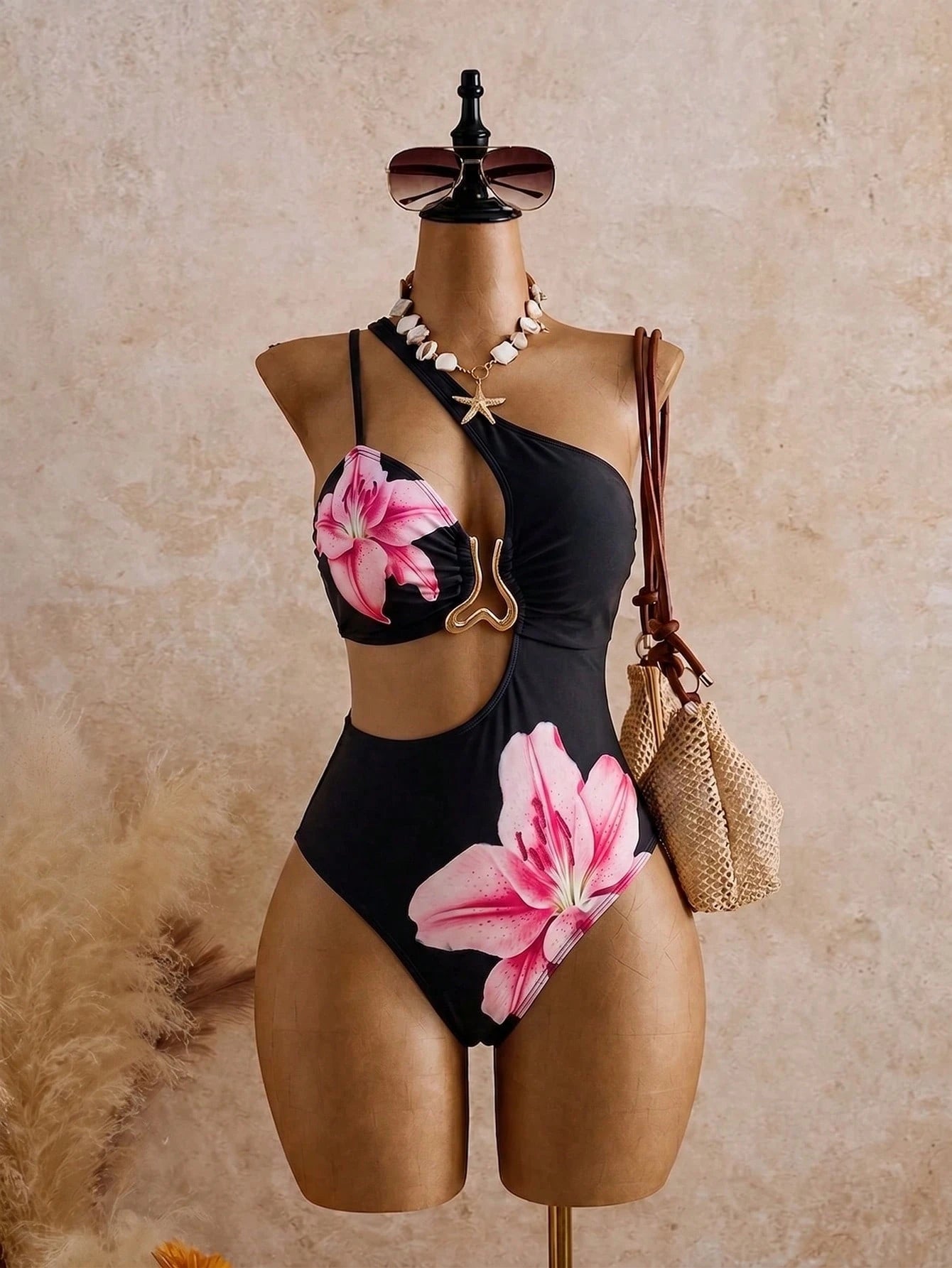 Swim SXY Plus Size Women's One-Piece Swimsuit, Zebra Print, One Shoulder Asymmetric Design, Cut-Out Waist With Gold Asymmetrical Metal Buckle Decor Summer Sexy