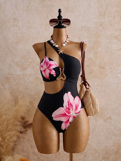 Swim SXY Plus Size Women's One-Piece Swimsuit, Zebra Print, One Shoulder Asymmetric Design, Cut-Out Waist With Gold Asymmetrical Metal Buckle Decor Summer Sexy
