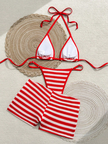 Swim SXY Women's Bow Decor Leopard Print Triangle Cup Halter Neck Bikini Bottoms 3-Piece Set Separated Swimsuit