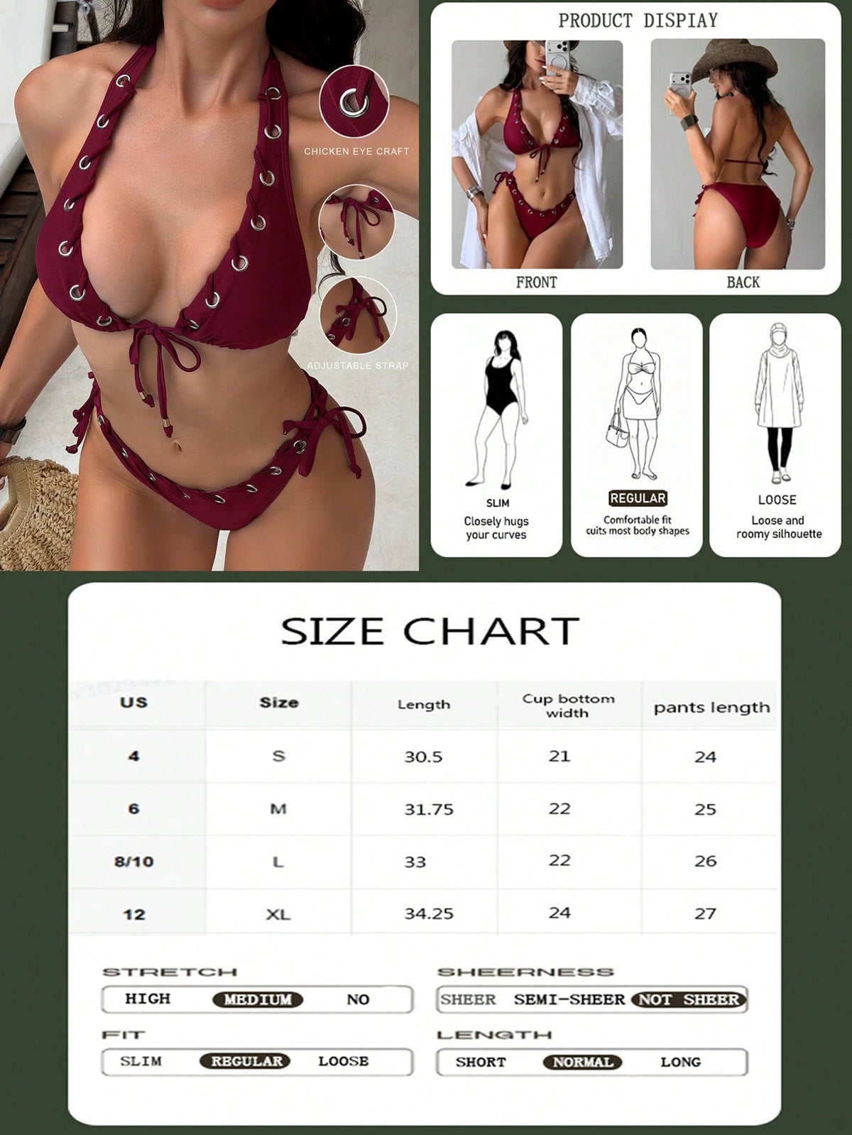 Swim SXY Women's Summer Vacation Casual Beach Wear Solid Brown 2-Piece Set, Halter Neck Tie Bikini With Grommet Drawstring, Shiny Fabric Swimwear