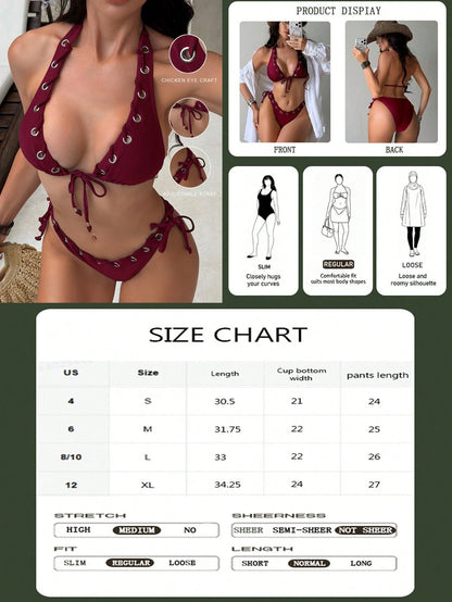 Swim SXY Women's Summer Vacation Casual Beach Wear Solid Brown 2-Piece Set, Halter Neck Tie Bikini With Grommet Drawstring, Shiny Fabric Swimwear