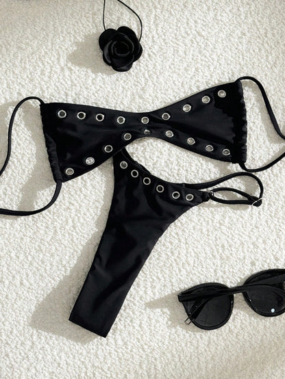 Swim Vcay 2025 New Women's Solid Color Sexy Bandeau Beach Vacation Summer Casual Sexy Swimwear Set