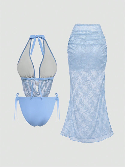 Swim Vcay 2026 New Elegant Lace Swimwear Set For Women, Luxury Multi-Piece Swimwear, Suitable For Beach Vacation, Sunbathing, 2025 Summer Plus Size Swimwear Set