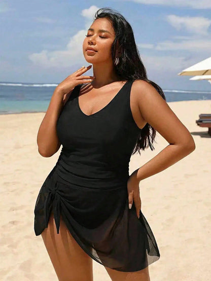 Swim Vcay 2026 New Modest One-Piece Swimsuit, Black Solid Color With Sheer Mesh Panels, Casual Beach Vacation Style, Plus Size