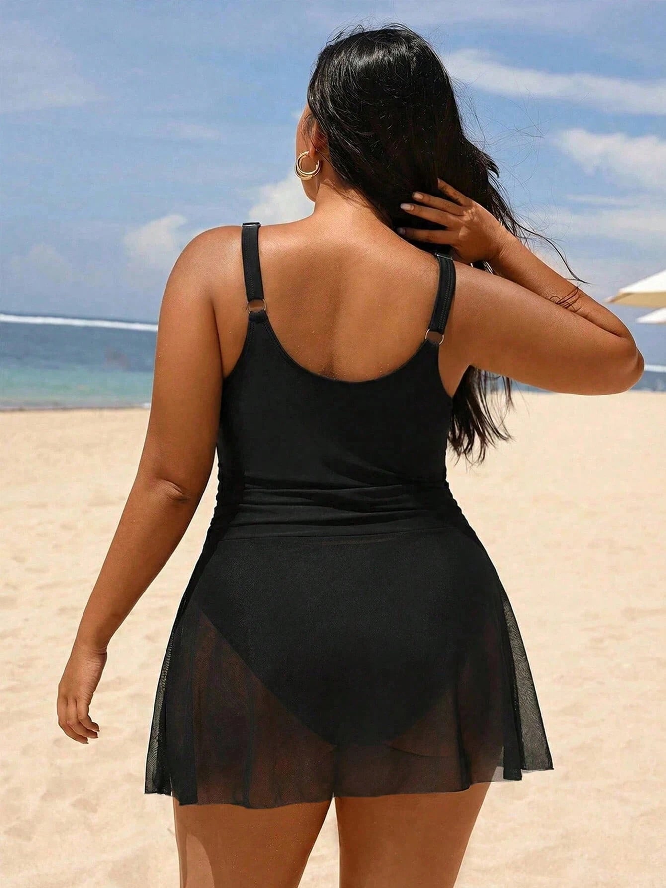 Swim Vcay 2026 New Modest One-Piece Swimsuit, Black Solid Color With Sheer Mesh Panels, Casual Beach Vacation Style, Plus Size