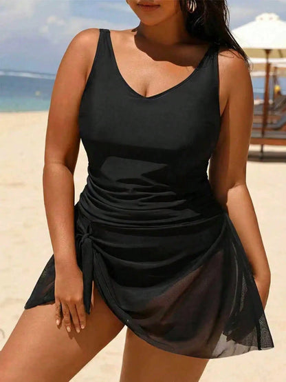 Swim Vcay 2026 New Modest One-Piece Swimsuit, Black Solid Color With Sheer Mesh Panels, Casual Beach Vacation Style, Plus Size